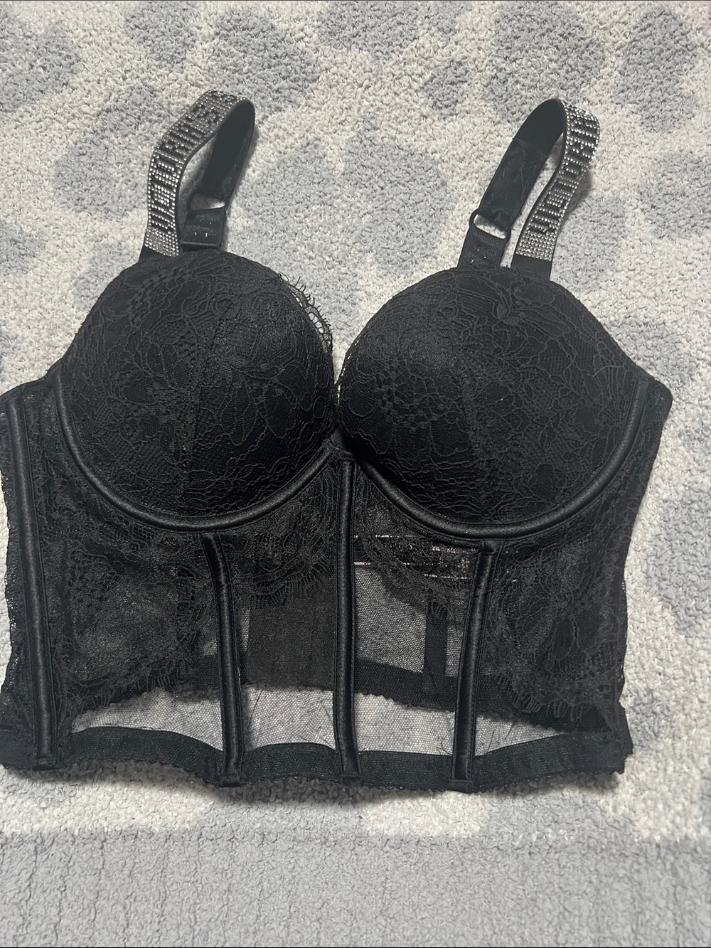 Victoria's Secret Black Lace Longline Bustier with Embellished Straps